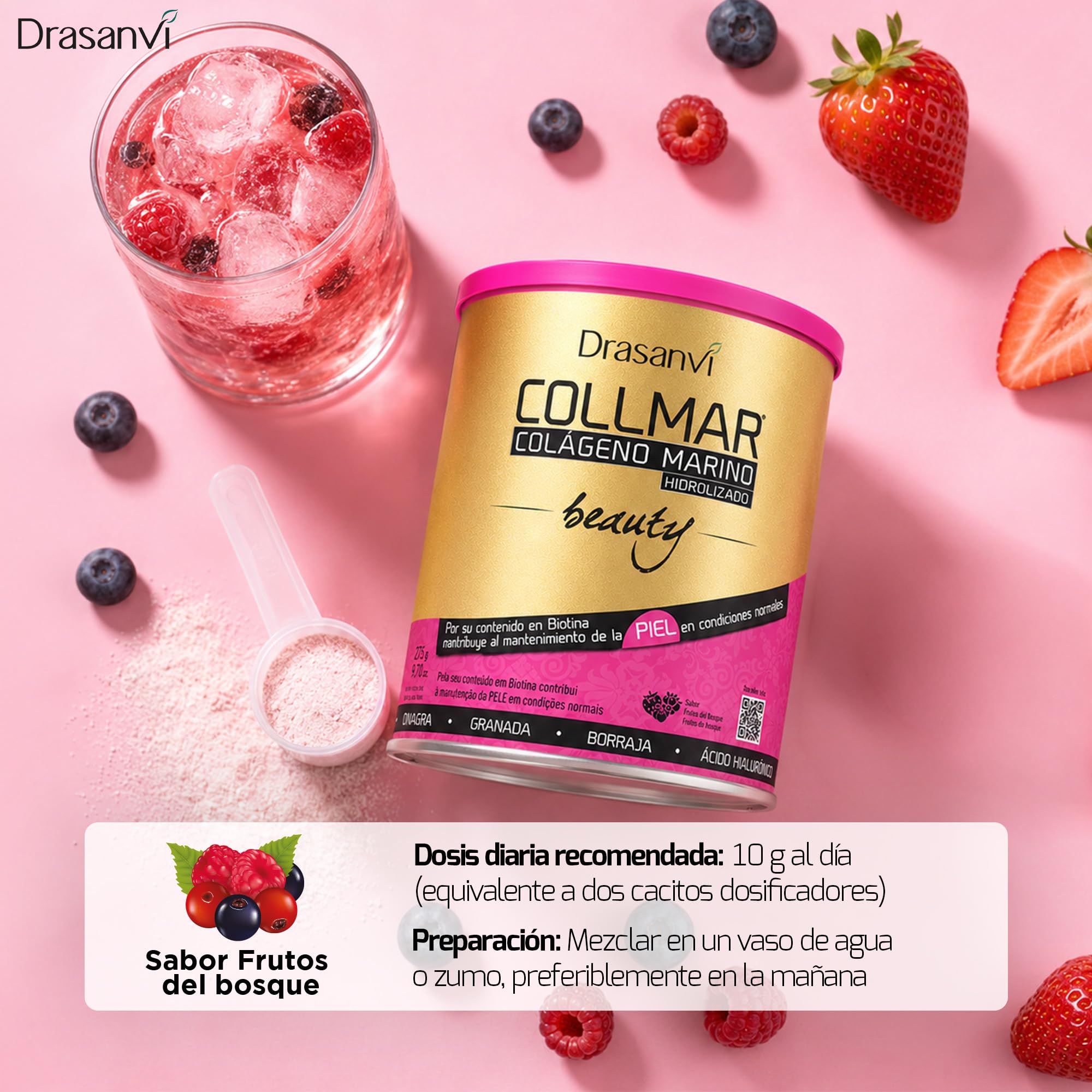 Drasanvi Colageno Marino Hidrolizado Beauty (PACK 2) + Ácido Hialurónico | Colágeno con Biotina + Vitamina C Natural |Elasticidad, Firmeza y Luminosidad de la Piel |2x275g=54 día|Sabor Frutos Bosque