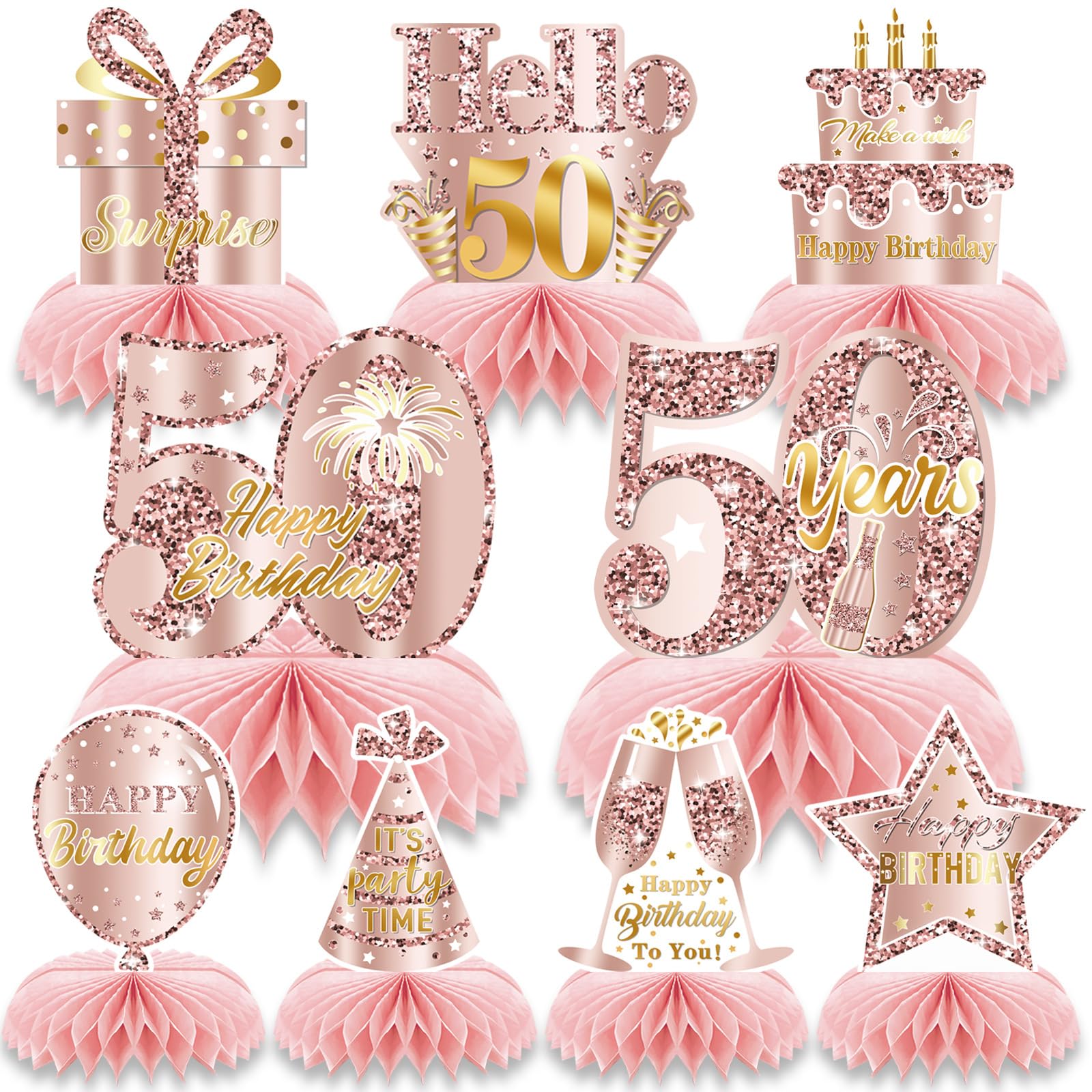 50th Birthday Honeycomb Decorations 9 Pcs Rose Gold Centerpieces Pink Table Decorations for 50th Birthday Party Happy Birthday Table Centerpieces Party Supplies for Women Girls (50th) โ image 1