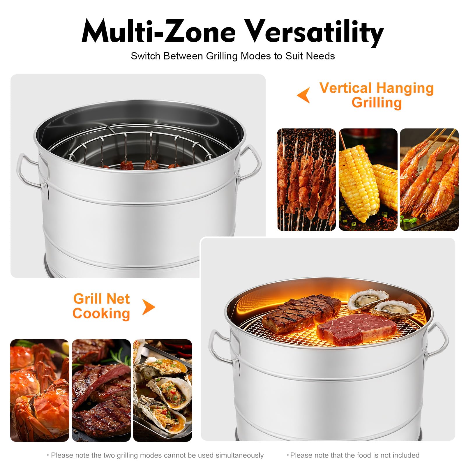 Barbecue portatile a carbonella in acciaio inox, con spiedini e vaschetta per l'olio, griglia a 360°, senza fumo, per campeggio e cortile