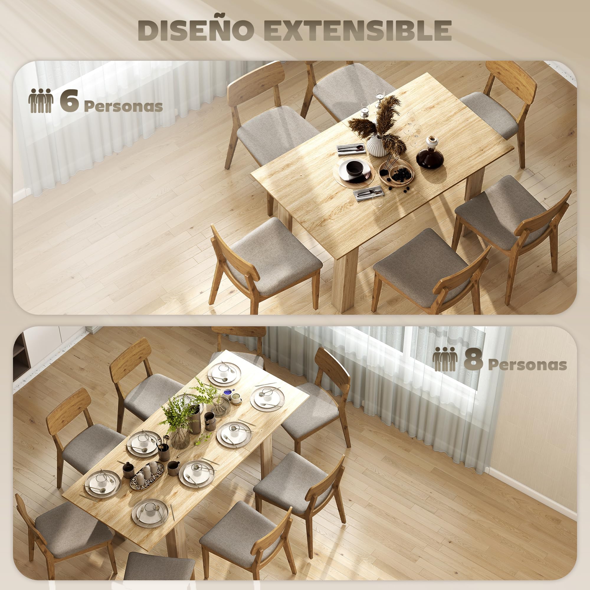 HOMCOM Mesa de Comedor Extensible 140-180x90x75 cm Madera Natural | de 140 a 180 cm, Mesa de Cocina Extensible Rectangular, para 6-8 Personas, para Salón