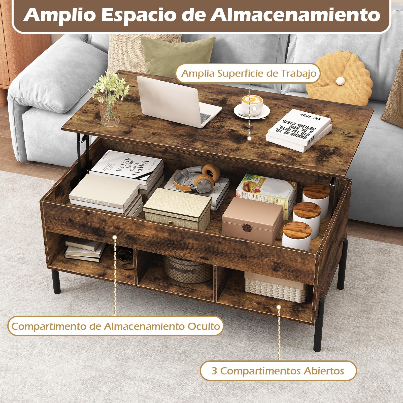 COSTWAY Mesa de Centro Elevable, Mesa Central de Café con Tablero Elevable, Amplio Compartimento Oculto y 3 Espacios Abiertos, Mesita de Cóctel con Patas de Metal (Café)