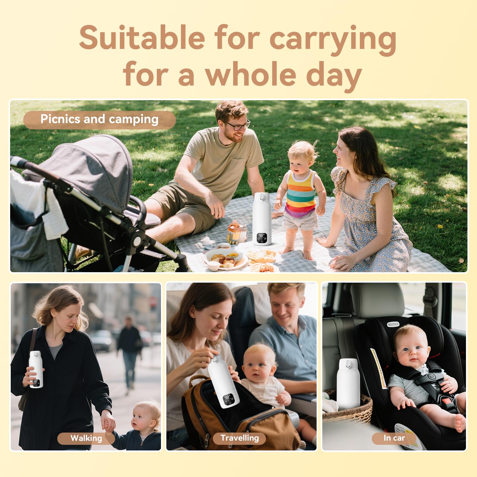 Chauffe-biberon portable pour voyage, 36,7 °C à 55 °C, contrôle précis de la température, chauffe l'eau ou le lait, chauffage rapide et isolation de 24 heures avec batterie de 10 400 mAh, capacité de