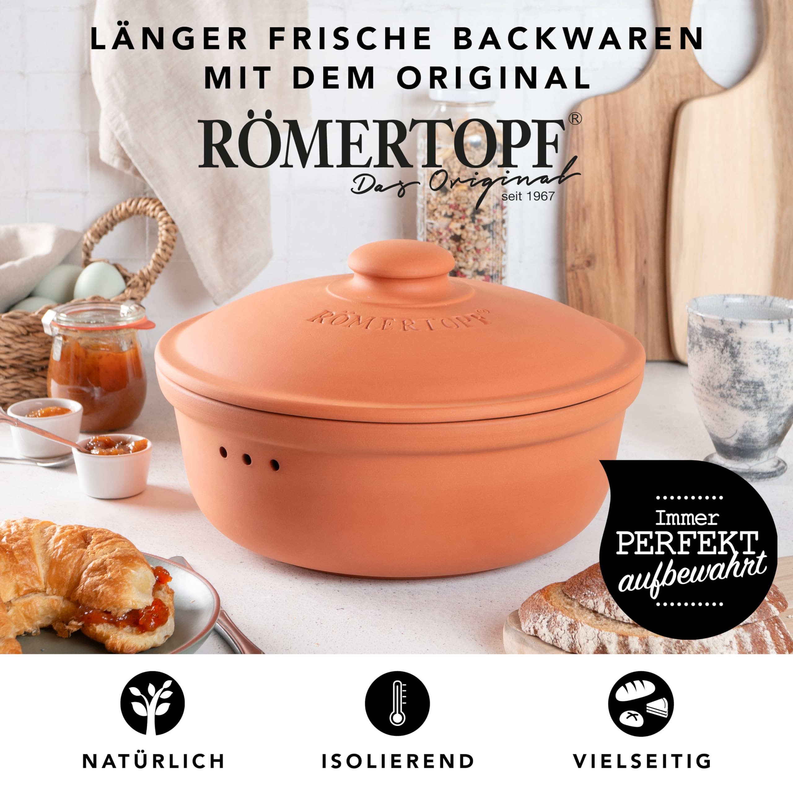 Römertopf Brottopf aus Keramik, ideal zu Brotaufbewahrung aus Ton Ø 30,0 cm