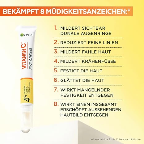 Garnier Vitamin C Anti-Fatigue Eye Cream For a radiant and alert eye area Against dark circles under the eyes and crow's feet Glow Booster Eye Care SkinActive 1 x 15 ml