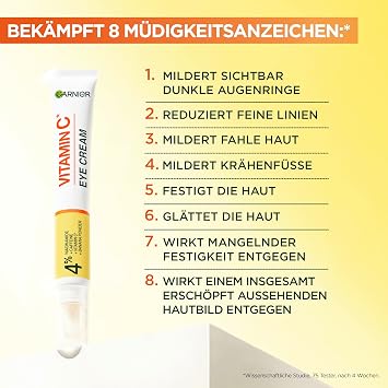 Garnier Vitamin C Anti-Fatigue Eye Cream For a radiant and alert eye area Against dark circles under the eyes and crow's feet Glow Booster Eye Care SkinActive 1 x 15 ml