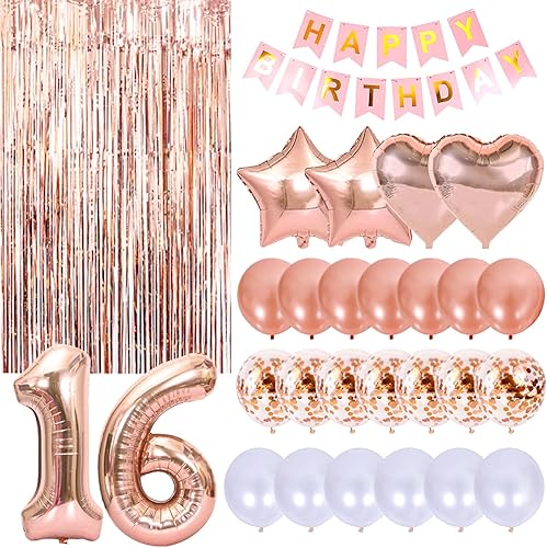 Kit de decoración de fiesta de cumpleaños número 16 de oro rosa, pancarta de feliz cumpleaños, cortina con flecos, globo de látex y globos de