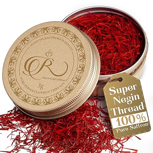 Royal Gold Saffron Hilos de azafrán Super Negin premium, grado A+ Especias seleccionadas de chef gourmet para paella, arroz, risotto, tés, postres