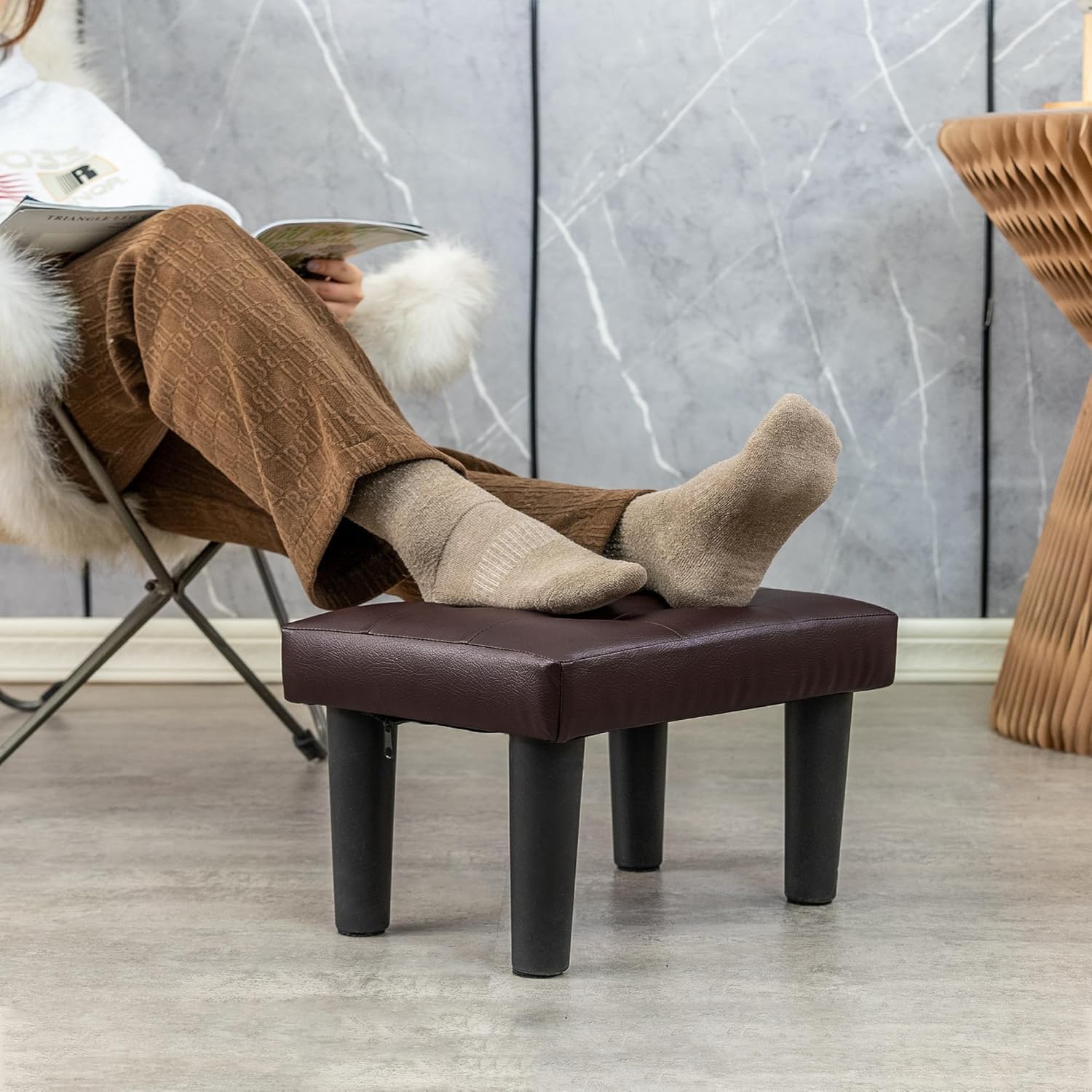 Condition photo showing As Is for carolmade ottoman foot rest, pvc small ottoman foot stool with legs modern footstool ottomans for living room entryway office, brown pvc-brown
