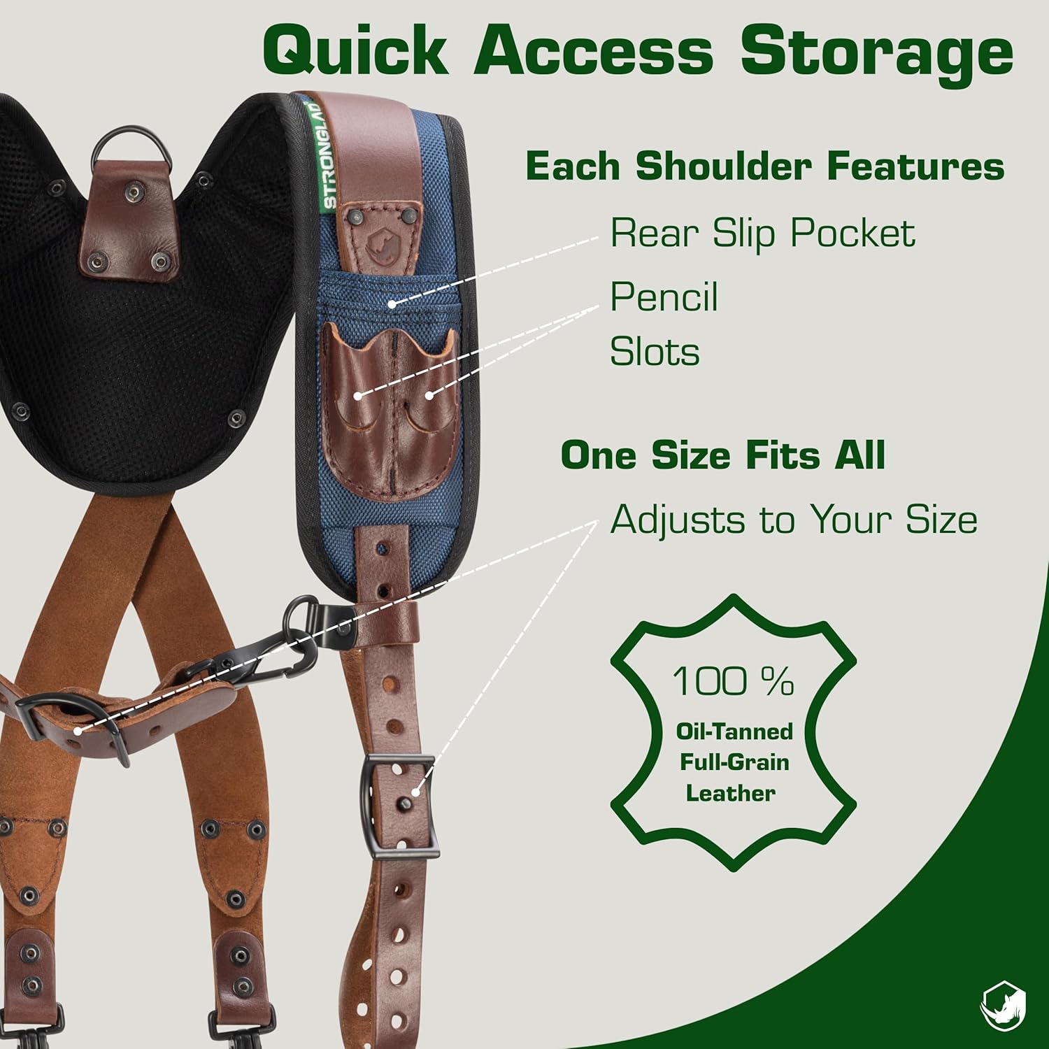STRONGLAD Tool Belt Suspenders – Full-Grain Leather & 1680D Nylon Padded Shoulder Straps | Adjustable Fit | Heavy-Duty Construction Support for Men