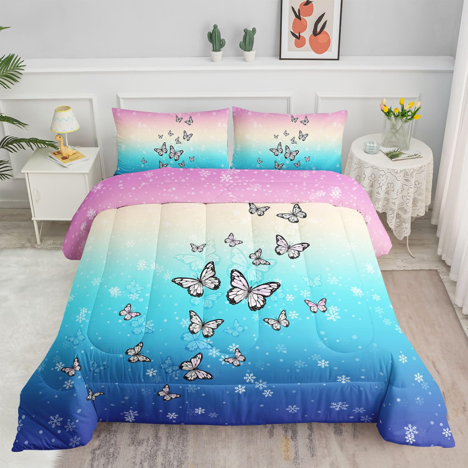 Datura home Butterfly Bedding Comforter Set Blue Pink Butterfly Printed Pattern Quilt Bedding Set with 1 Comforter and 2 Pillowcases for Girls and Boys Bedroom All Season(Butterfly3 Full)