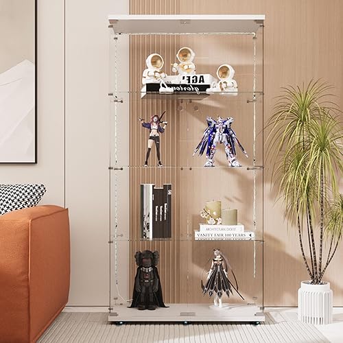 Miniatura 139 de Vitrina de cristal con 4 estantes con tira de luces LED y cerradura, vitrina de vitrina con ruedas y 1 puerta, vitrina de vidrio templado para sala