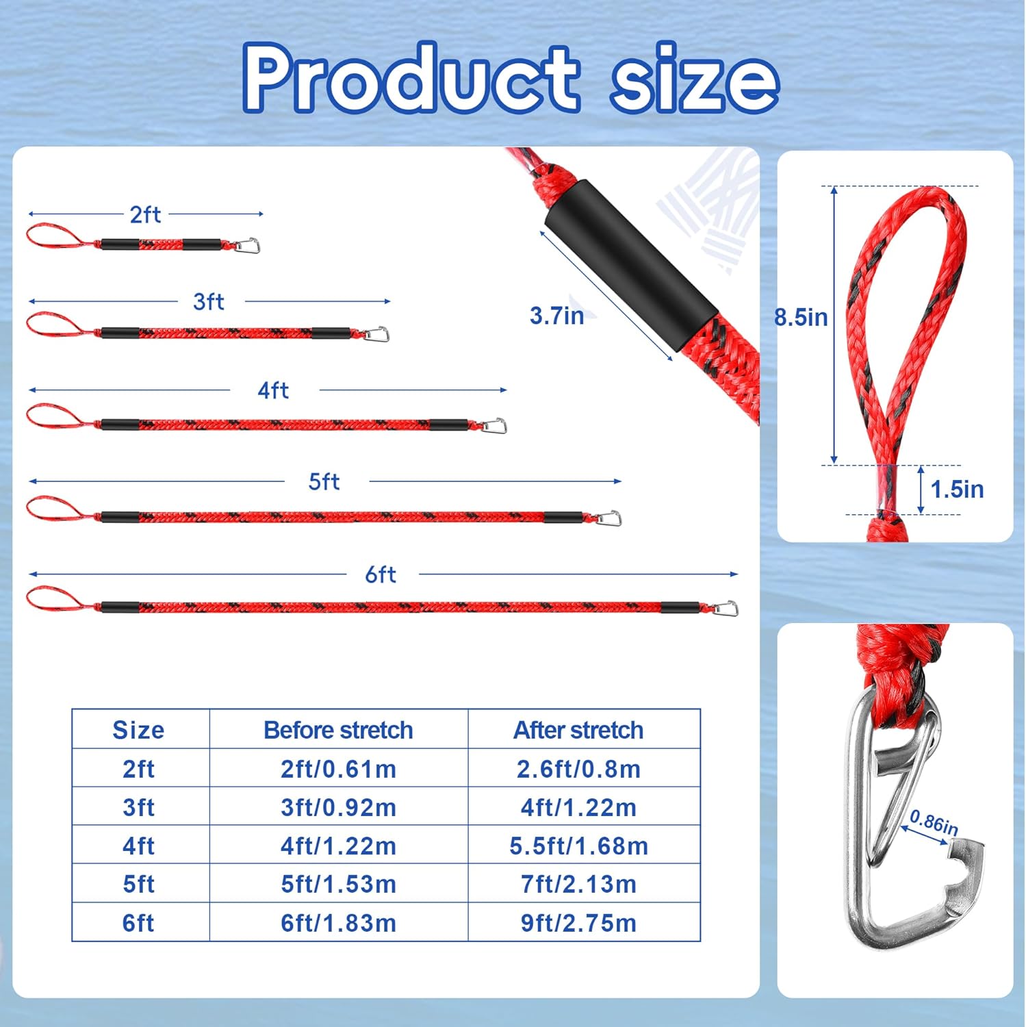 Bungee Dock Lines 2 Pack – Shock Absorbing Mooring Ropes for Boats, Pontoons & PWC, Stretch Length Options from 2 ft to 9 ft，with/Without Clip (one clip-5ft Stretches to 7ft)