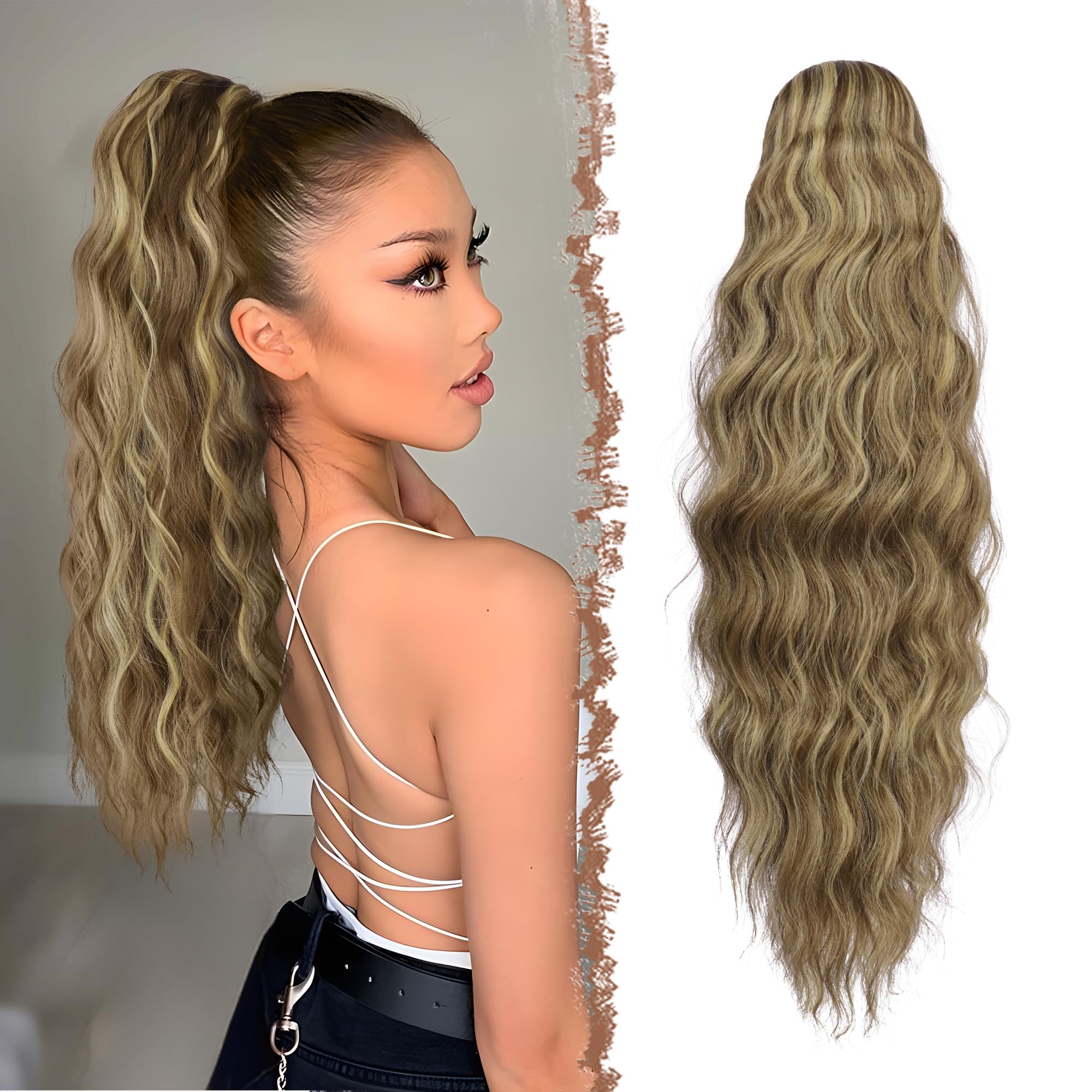 FESHFEN Coletas Postizas Pelo Ondulada, Largo Cola de Caballo Extensiones con Peine Sintetico Postizos Ponytail Extensiones de Cabello para Mujer, 60 cm Marrón Claro & Rubio