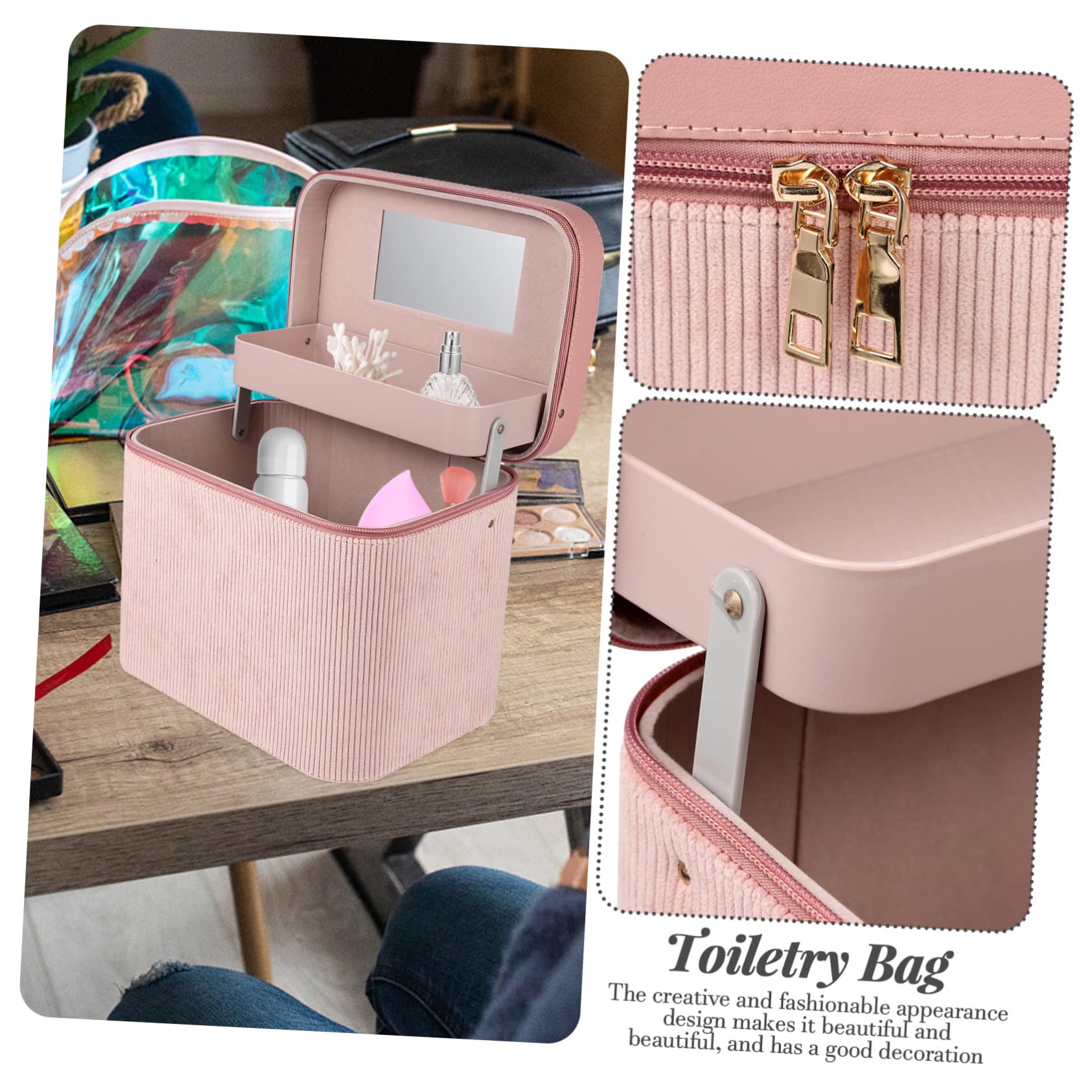 Makeup Aufbewahrungsbox mit Spiegel Zweilagig aus Corduroy Große Kapazität Handlich und Modisch für Damen für Reisen und Persönlichen Gebrauch