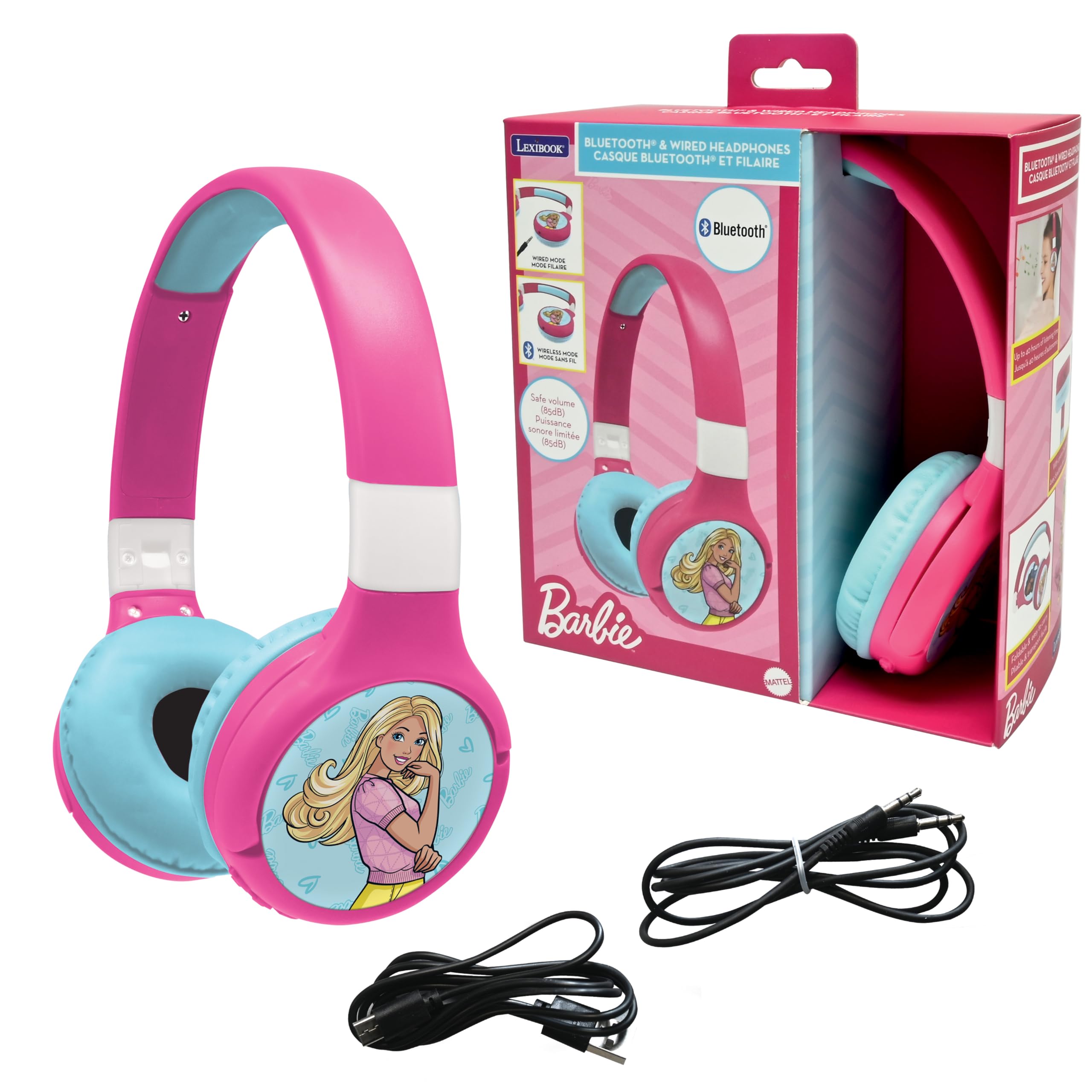 LEXIBOOK, Mattel Barbie, 2-in-1 Bluetooth & Wired Headset with microphone and control button, Long lasting rechargeable battery, HPBT010BB