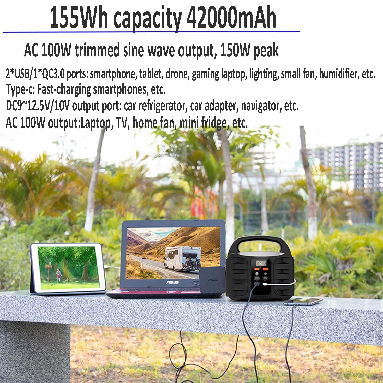 Central Eléctrica Portátil 155WH Generador Solar De 100 Vatios con Salida De Onda Sinusoidal Batería De Emergencia De 42000 Mah para Camping, Viajes Y Apagones