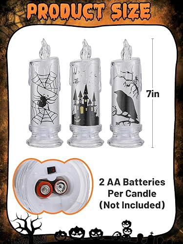 Miniatura 6 de 3 velas espeluznantes sin llama, decoraciones de Halloween, velas LED seguras con patrones de bruja, araña, cuervo, cuervo para fiesta, mesa,