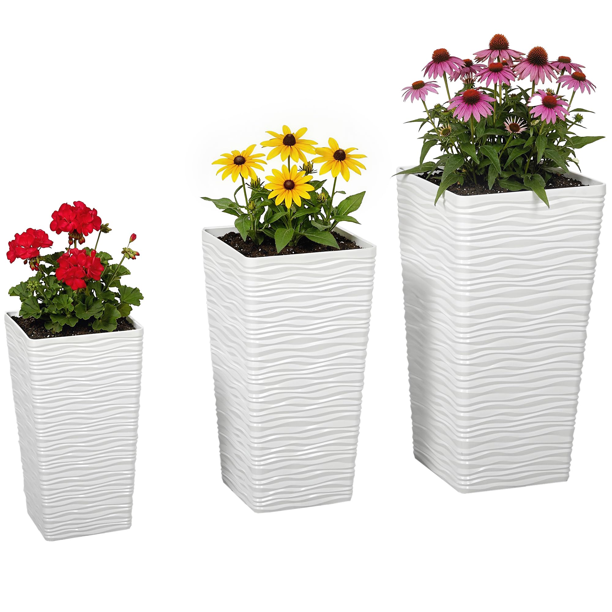 Outsunny Set di 3 Vasi da Esterno Impilabili con Motivo Ondulato, Vasi per Piante da Esterno Quadrati in Plastica per Fiori con Fori di Drenaggio, 42/55/65 cm, Bianco