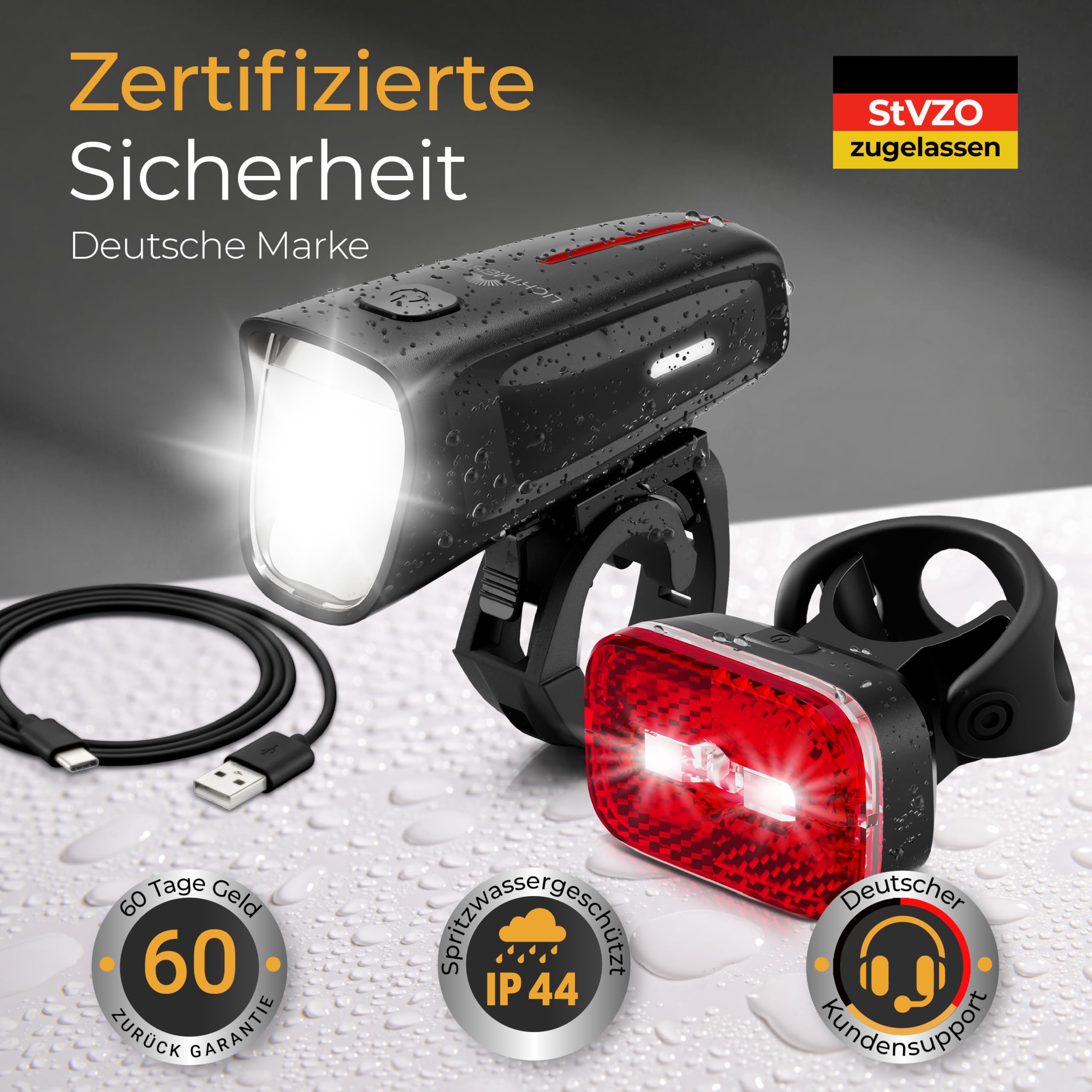 LICHTMEISTER® Fahrradlicht 100 Lux - 2000 mAh Akku - mit Reflektor und Bremslicht - StVZO zugelassen, USB-C aufladbar & wasserfest - Fahrradlicht Set - LED Fahrradbeleuchtung - Fahrrad Licht vorne