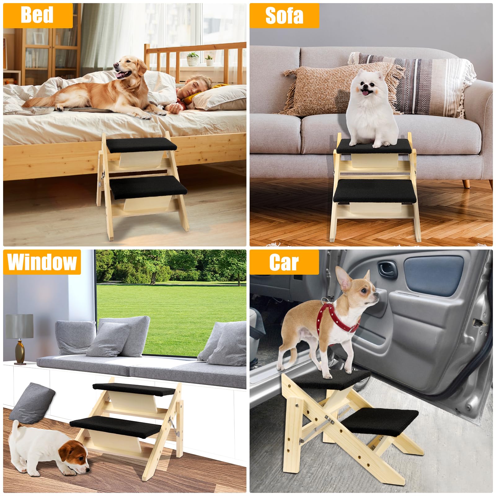 Okydoky Escalera de madera para mascotas, rampa para perros con 2 peldaños, escalera plegable para perros para camas altas, sofá de coche, escalera de madera duradera para mascotas pequeñas y medianas