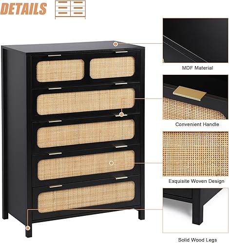 Miniatura 7 de QEIUZON Cómoda de 5 cajones, cómoda moderna de ratán con cajones anchos y asas de metal, cómoda de almacenamiento de madera rústica para dormitorio,