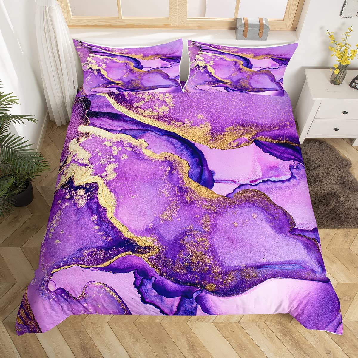 Marble Duvet Cover Set Double Size, Purple and Shiny Golden Marbling Comforter Cover with 2 Pillowcases