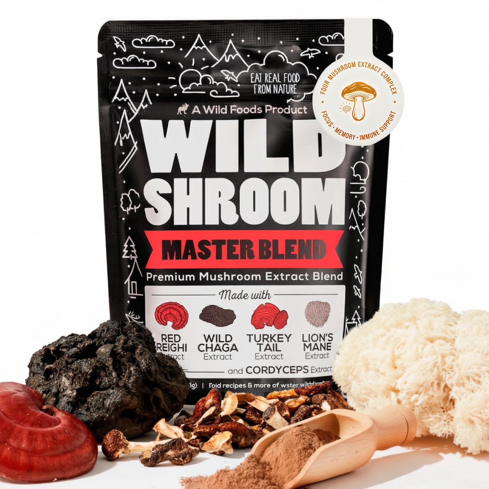 Wild Foods Wild Mushroom Blend-Supercharged Reishi, Chaga, Cordyceps, Turkey Tail and Lion’s Mane - 4Oz Pack- Adaptogenic Stress Reducer for Increased Mental Clarity-Nootropic Liquid Blend for Coffee