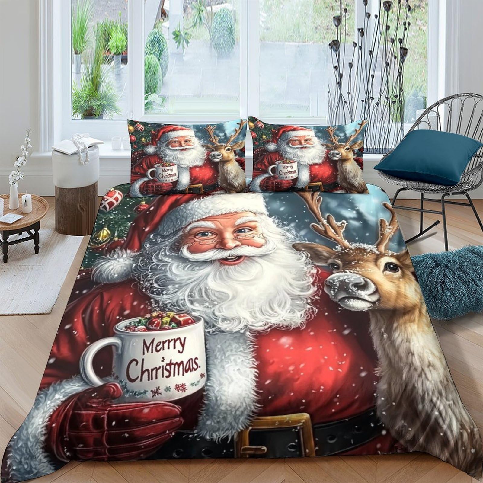 Ctjqhvkz Style-5 3D Printed Santa Claus Fitted Sheet Microfiber Christmas Reindeer Bed Cover Festive Bedroom Decor Machine Washable Single（135X200cm）