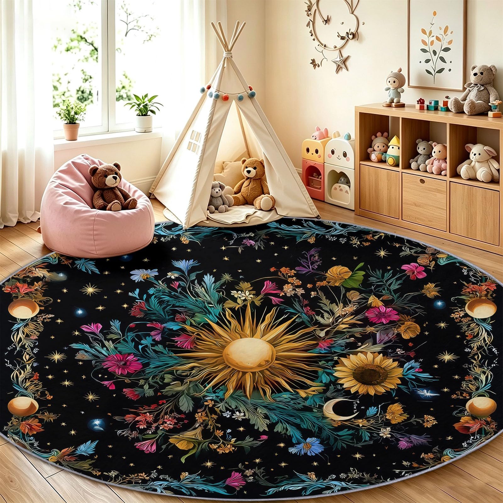 Générique Tapis Salon Rond Noir 100 cm, Bohème Lavable en Machine et Antidérapant Moquette, Extra Doux Tapis Soleil Lune Fleurs pour Chambre à Coucher, Salle à Manger, Salle de Jeux