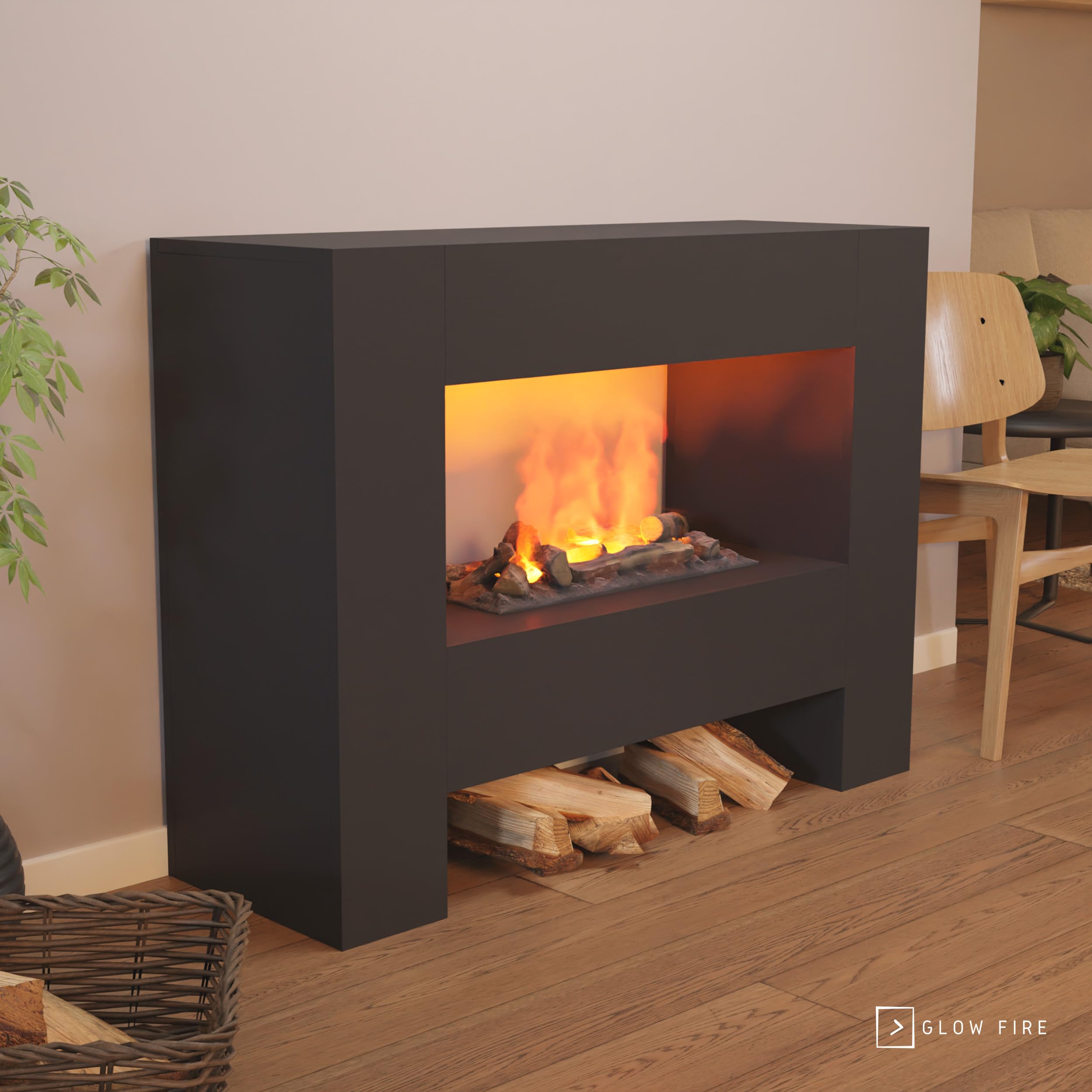 GLOW FIRE Wasserdampf Kamin FALLADA (Standkamin) - Elektrokamin mit realistischen LED 3D-Flammen, Knistereffekt & Fernbedienung, 120x90x40 cm - Opti-Myst 600 Elektro Kamin mit Holz-Deko, Schwarz