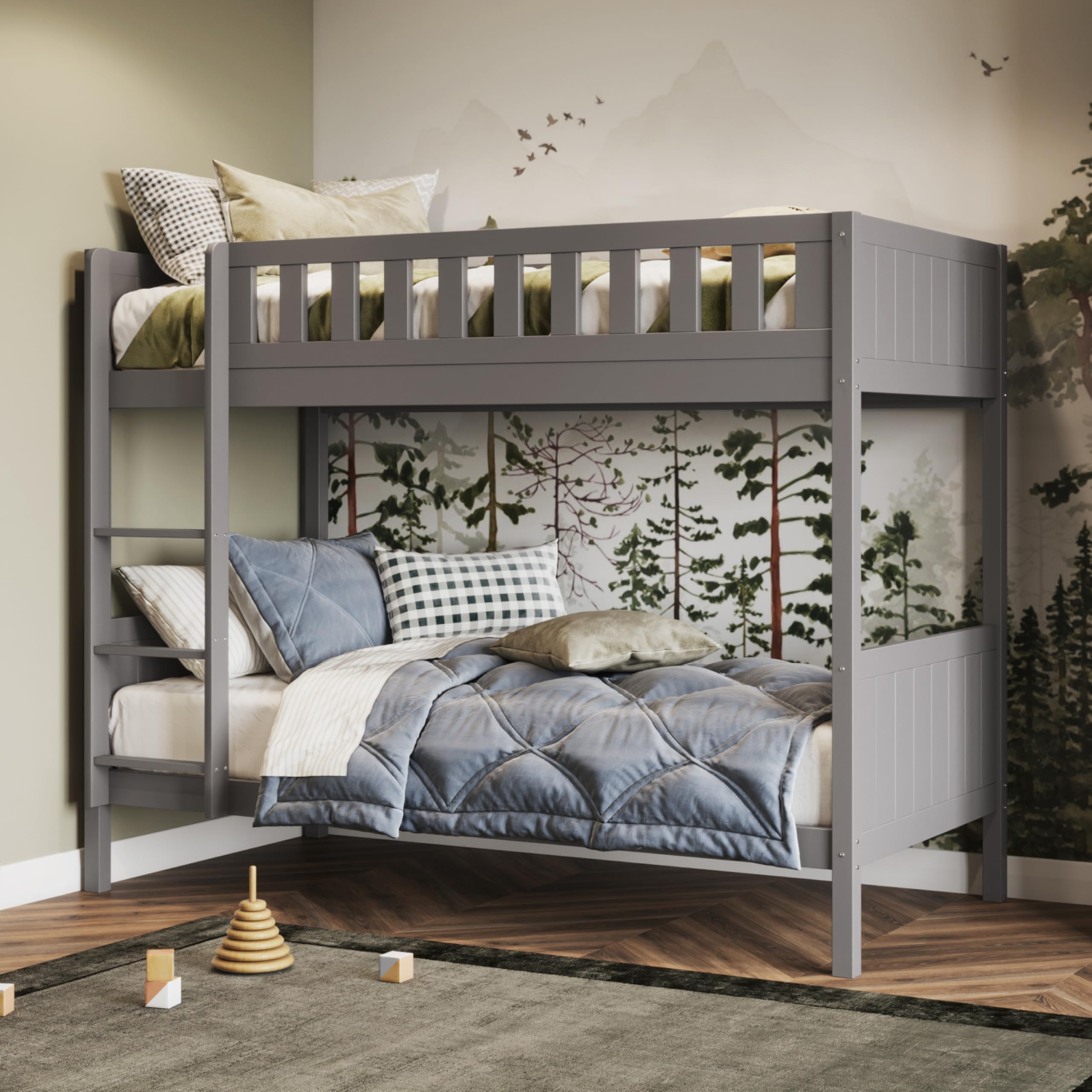 Single Bunk Bed, Wooden Bunk Beds for Kids, Heavy Duty and Sturdy, Cosy, Stylish, Space Saving Design (Grey)