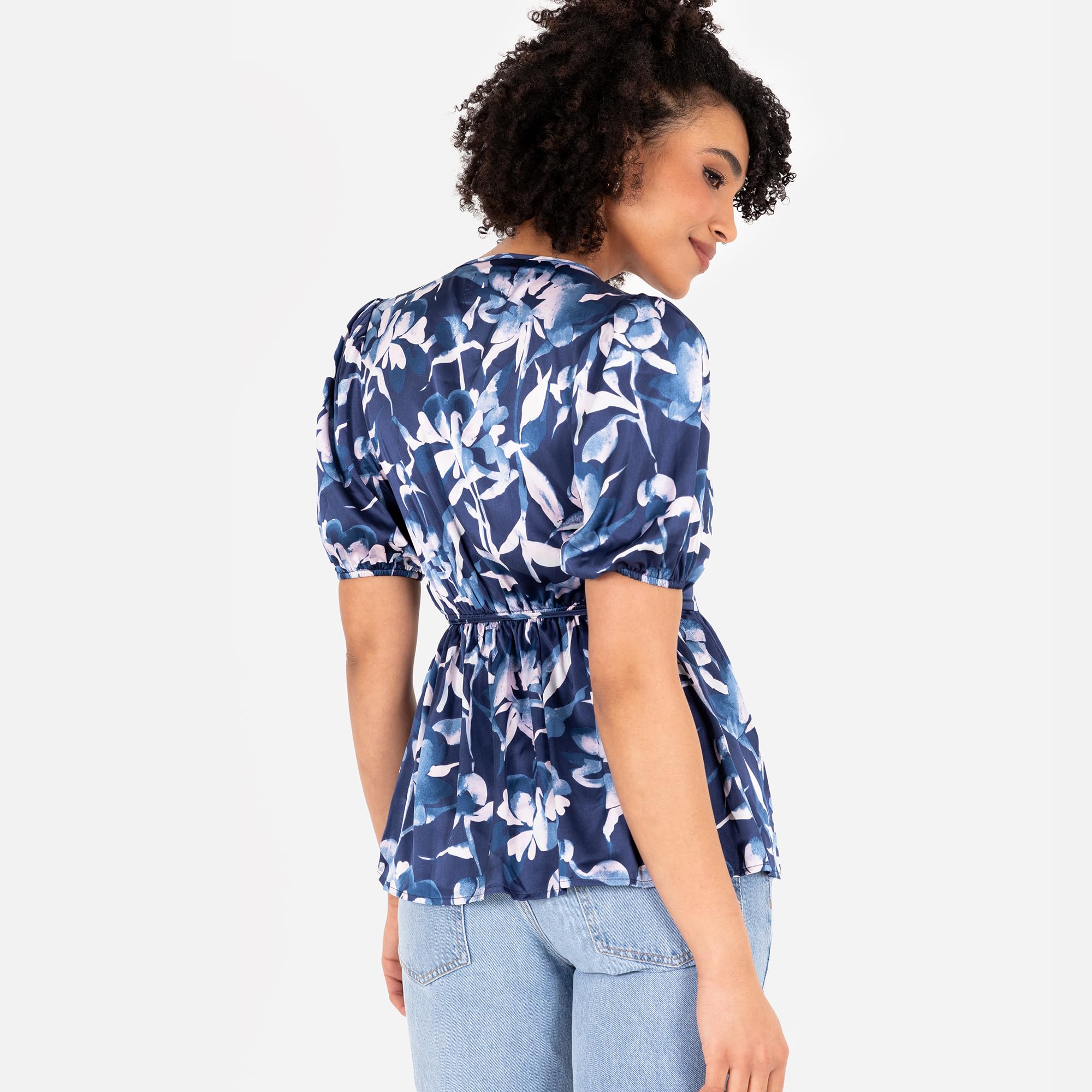 Lovedrobe Women's Ladies Wrap Top Short Puff Sleeve V-Neck Floral Floral Print Peplum Satin Blouse Smart Casual Office Wear Blouse Femme (Lot de 1)