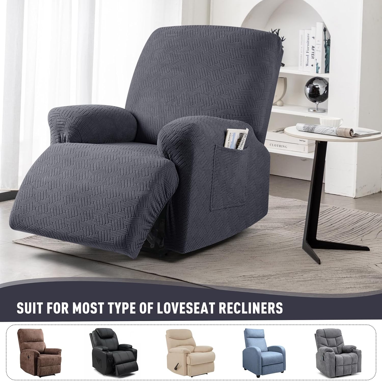 KinCam Recliner Covers, Stretch Reclining Chair Covers, Recliner Sofa Slipcovers Stripe Jacquard Recliner Couch Covers Furniture Protector Covers for Pet Kid (1 Seater, Charcoal Gray)