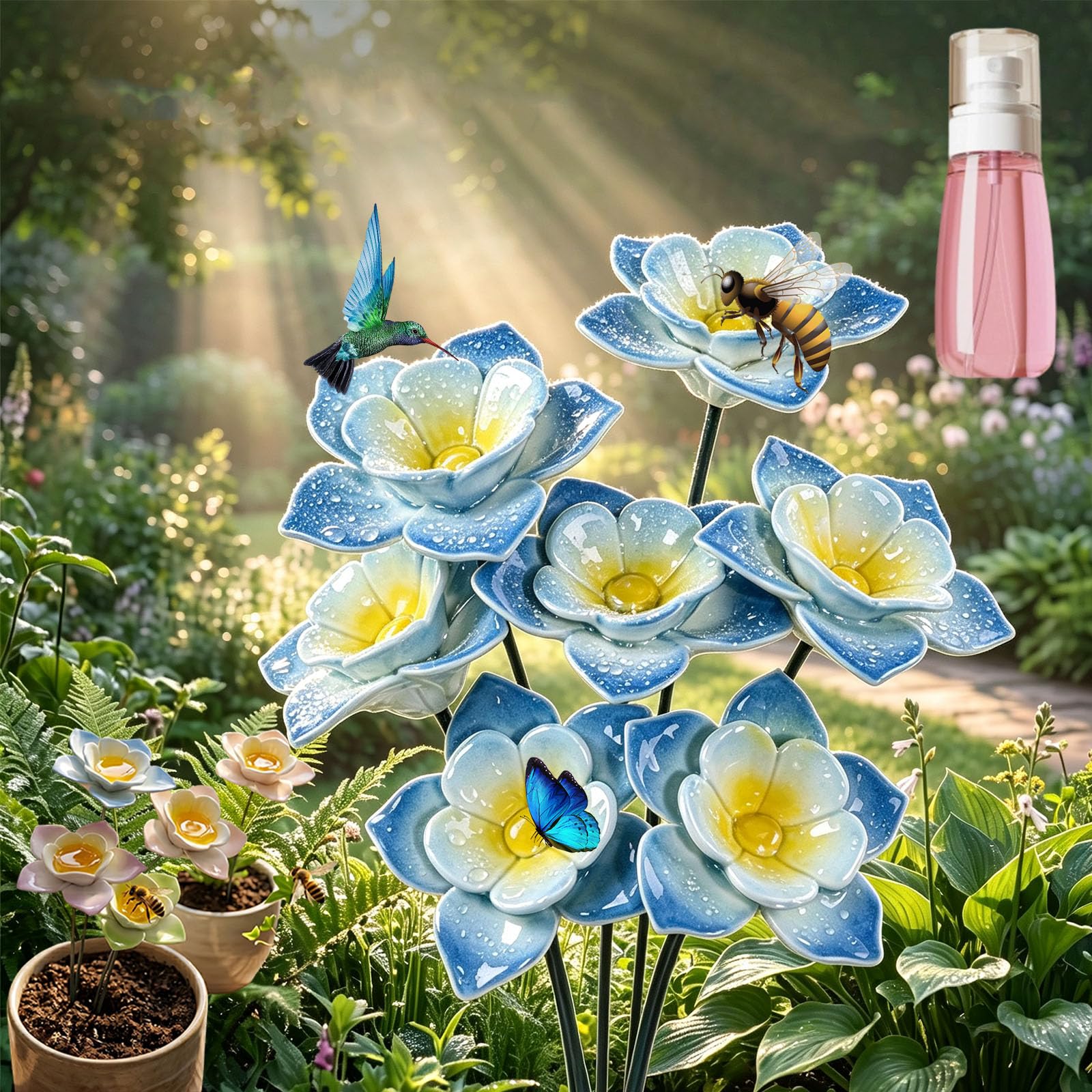 Handcrafted Ceramic Bee Watering Station, Colorful Flower Bee Drinking Cups for Garden, Butterfly Pollinator Water Station with Garden Stake, Outdoor Bee Feeder Decor for Yard & Porch (7pcs*blue)