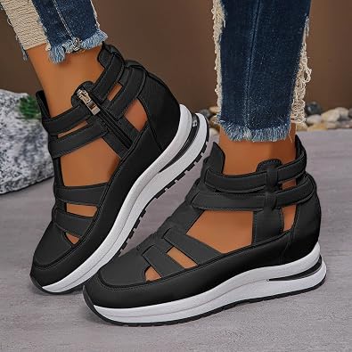Orthopedic Sneaker Sandals for Women 2026 Comfortable Lightweight Side Zipper Wedge Sandals Hollow out Breathable Platform Chunky Wedges Sneakers Leather Closed Toe Non Slip Casual Strappy Sandal