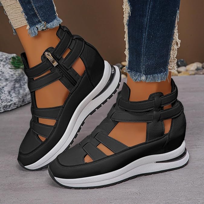 Orthopedic Sneaker Sandals for Women 2026 Comfortable Lightweight Side Zipper Wedge Sandals Hollow out Breathable Platform Chunky Wedges Sneakers Leather Closed Toe Non Slip Casual Strappy Sandal
