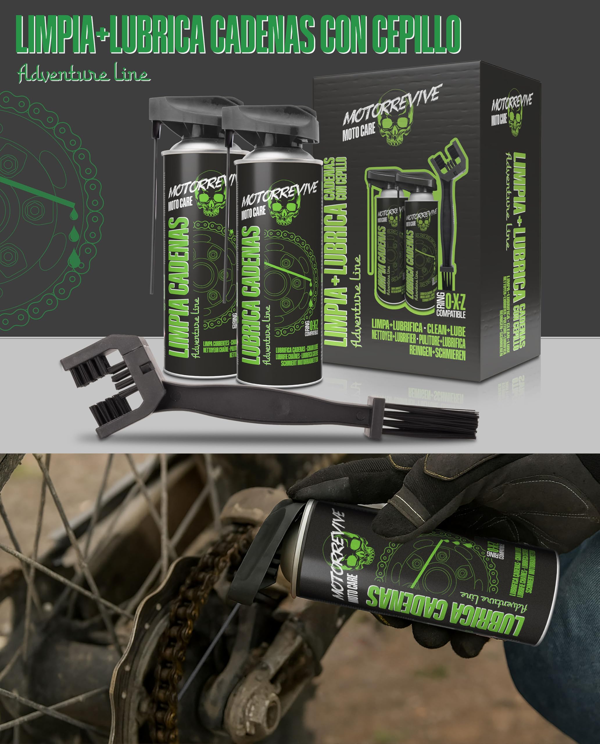 Pack Adventure Line con Limpiador, Lubricante y Cepillo para Cadenas de Moto Off-Road 380 + 380 ml | Mantenimiento Completo para Motocross, Enduro y Rutas Todo Terreno