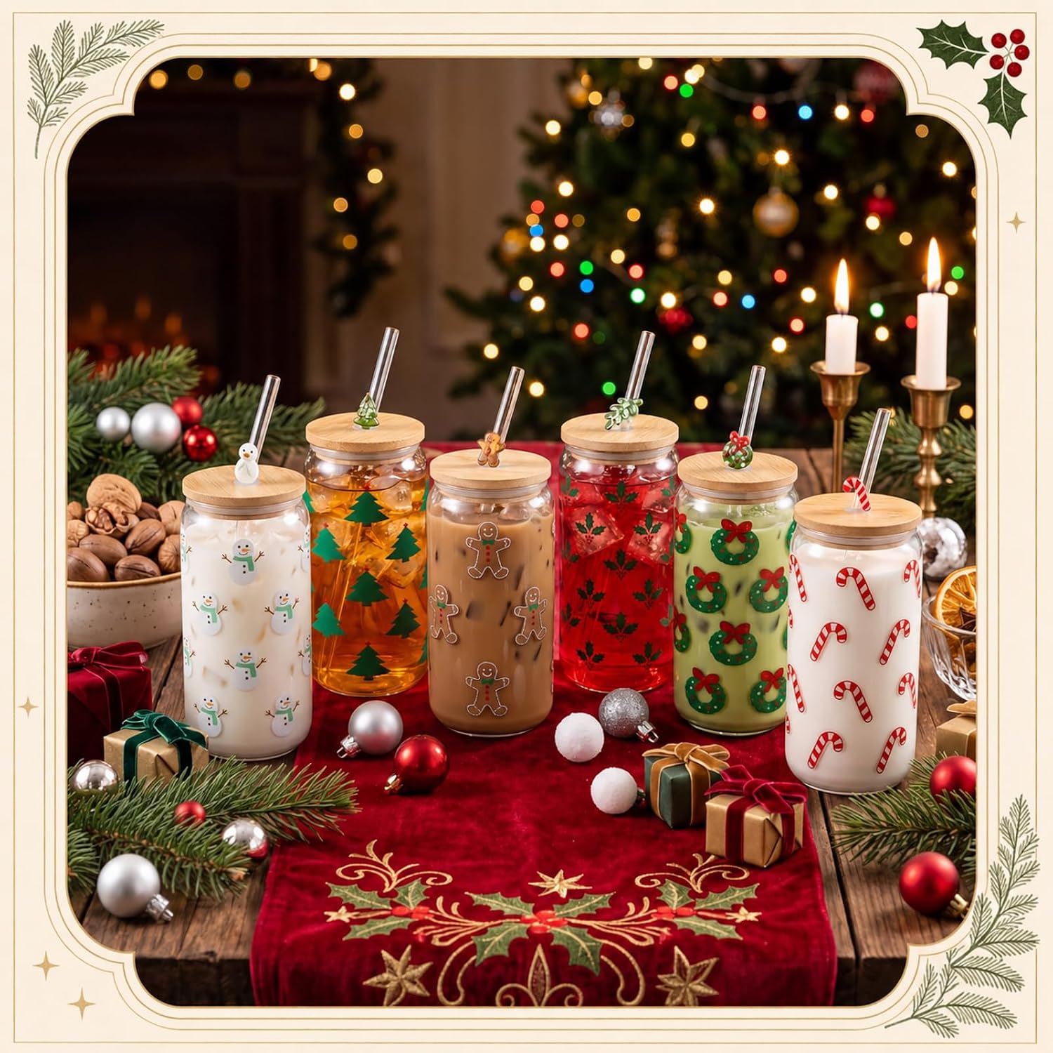 Meanplan 6 Pcs Christmas Glass Cup 16 oz Xmas Drinking Glasses with Lids and Straws Snowman Candy Cane Christmas Tree Can for lced Coffee, Beer, Water, juice Holiday Party Favor