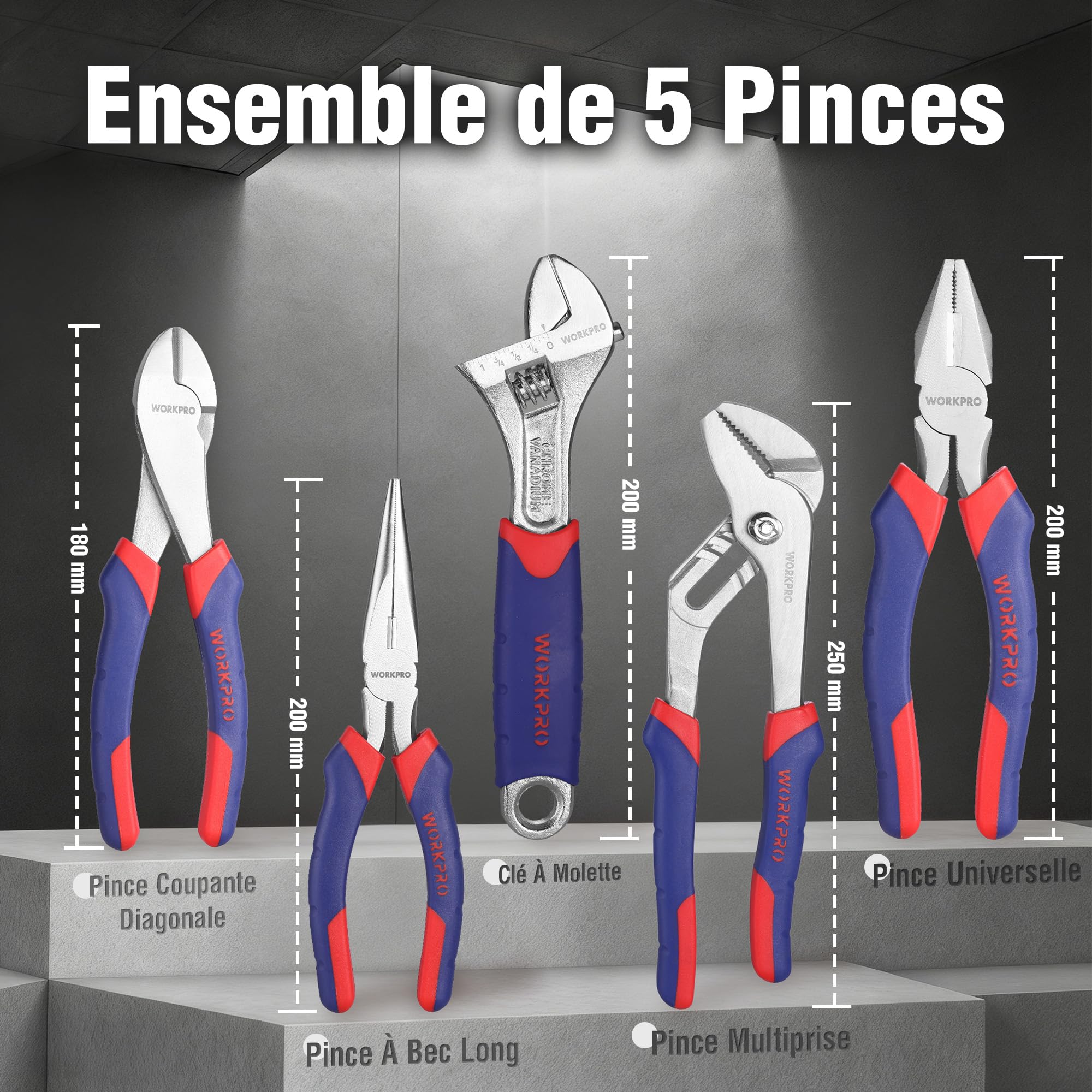 WORKPRO Jeu de Pinces en Cr-V Pince Multiprise, Pince Universelle, Pince Coupante, Pince à Bec Long et Clé à Molette pour Réparation Domestique ou Utilisation du Travail 5 Pièces