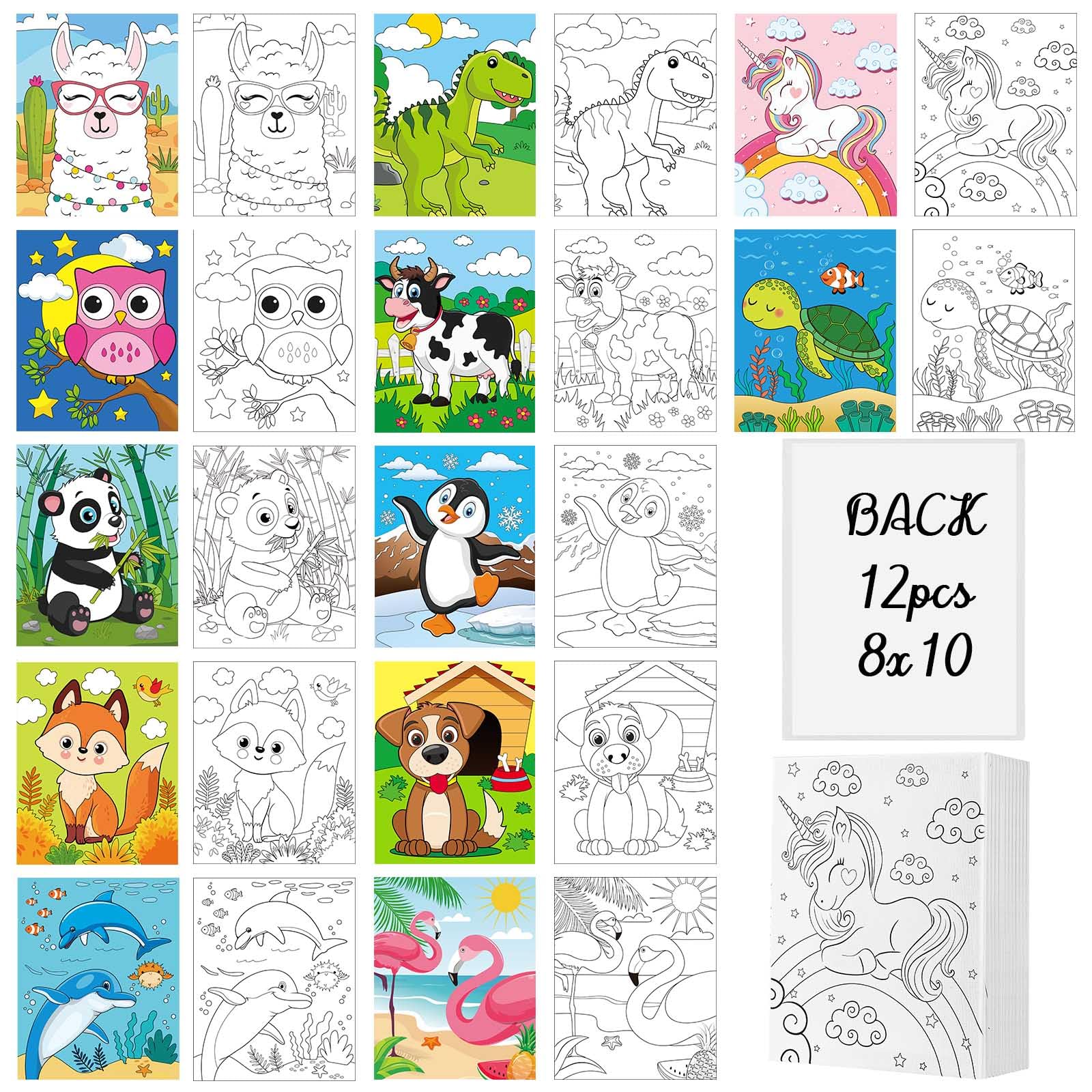 Ctosree 12 Pcs Pre Drawn Canvas for Painting for Boys Girls Pre Printed Cute Bulk Painting Canvas with Pictures to Paint Gift for Valentines Party Favor Activities(Animals,10" X 8")