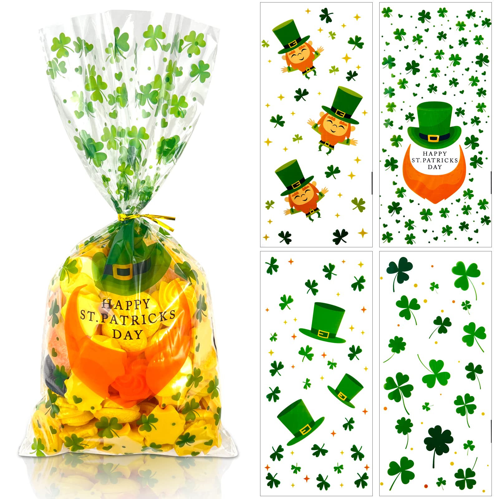100PCS St Patrick's Day Shamrock Cellophane Bags Party Favors - Saint Patrick's Day Lucky Shamrock Clover Cellophane Bags For Irish Party Decorations Supplies In