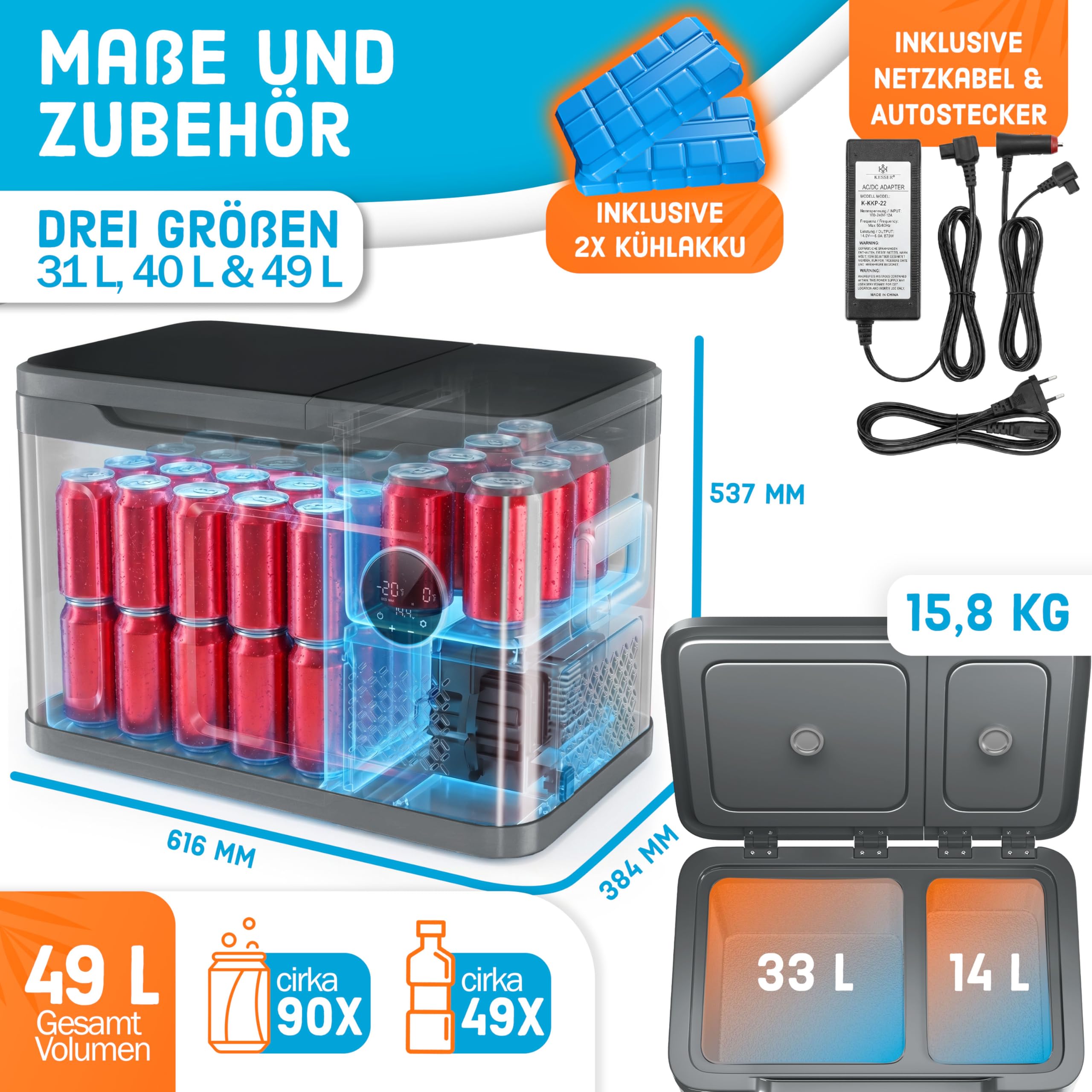 KESSER Kompressor Kühlbox 2in1 Doppelzone Kühl & Gefrierfach elektrische Gefrierbox -20°C 12/24V 230V Camping Auto Lkw
