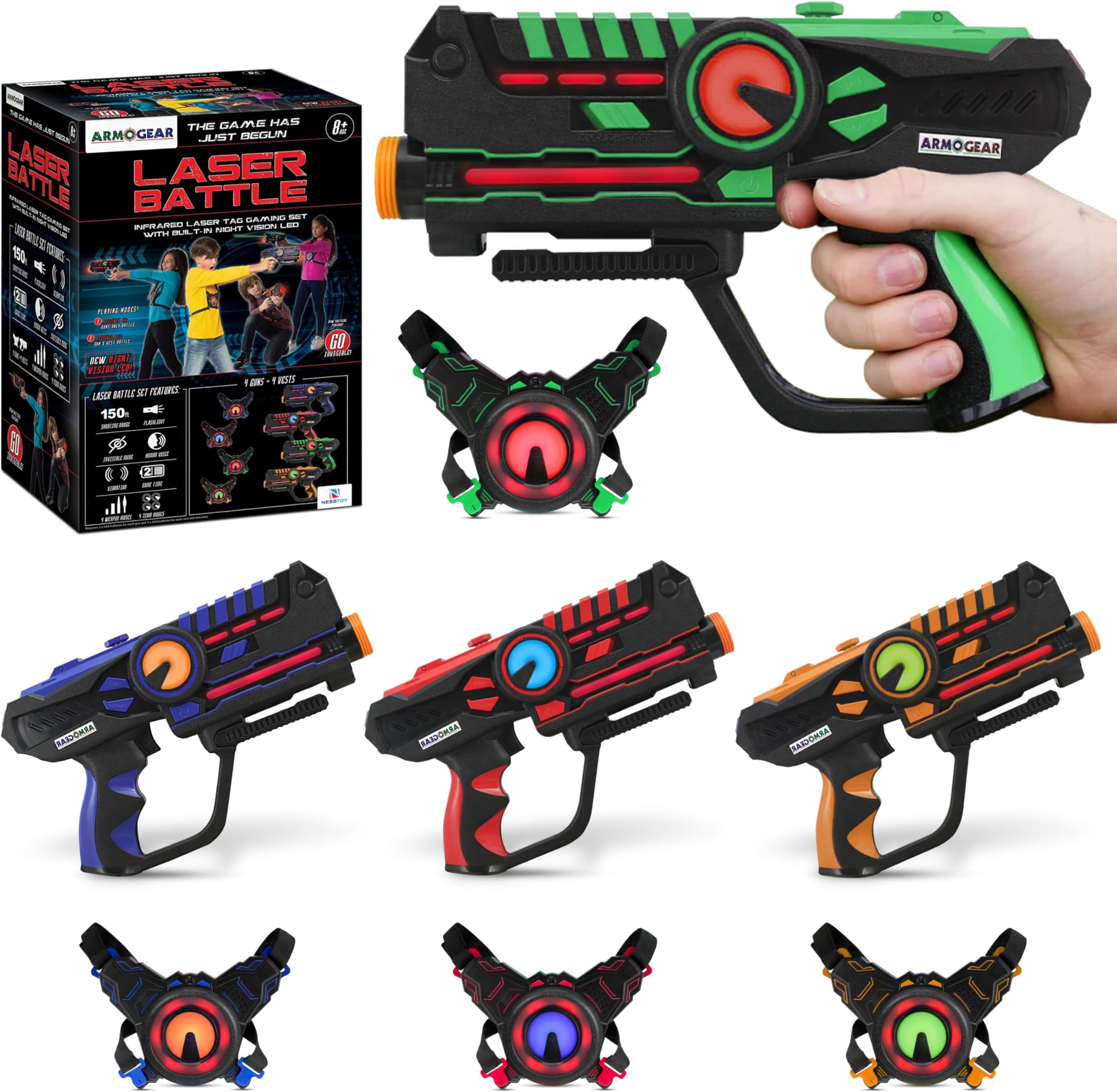 ArmoGear Infrared Laser Tag Guns and Vests - Laser Battle Mega Pack Set of 4 - Infrared 0.9mW