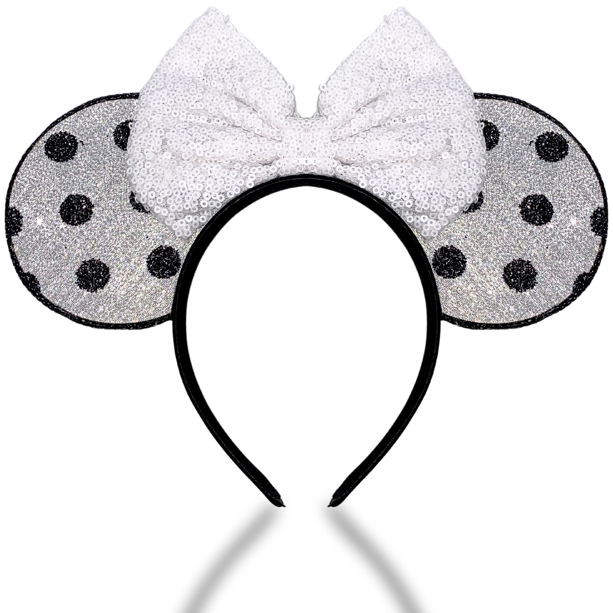 Needzo Bride Mouse Ears, Black, White, and Silver Sparkly Princess Headband, Honeymoon and Bachelorette Party Hair Accessories (One Size)