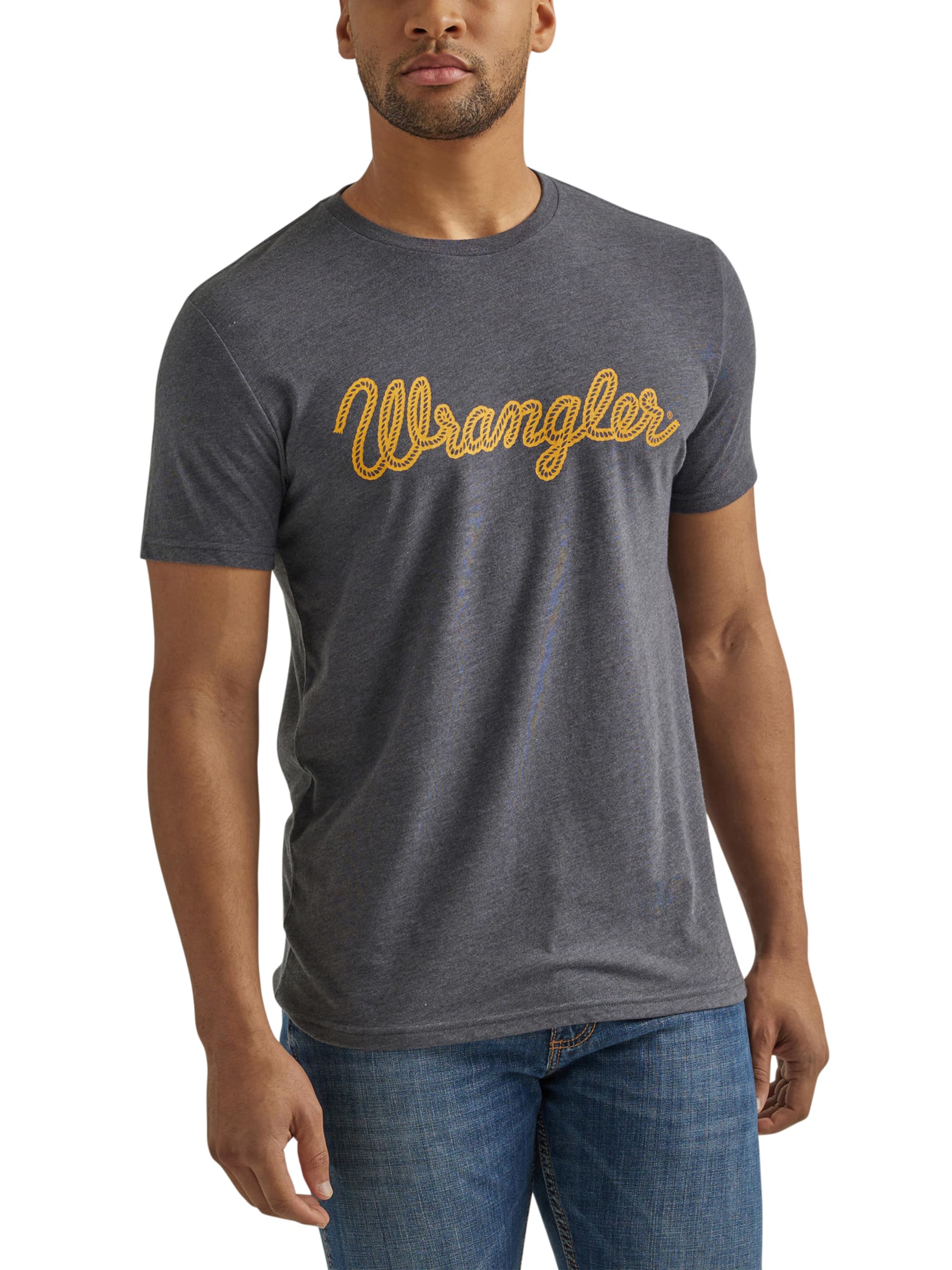 Wrangler Men's Western Crew Neck Short Sleeve Tee Shirt, Charcoal Heather, S