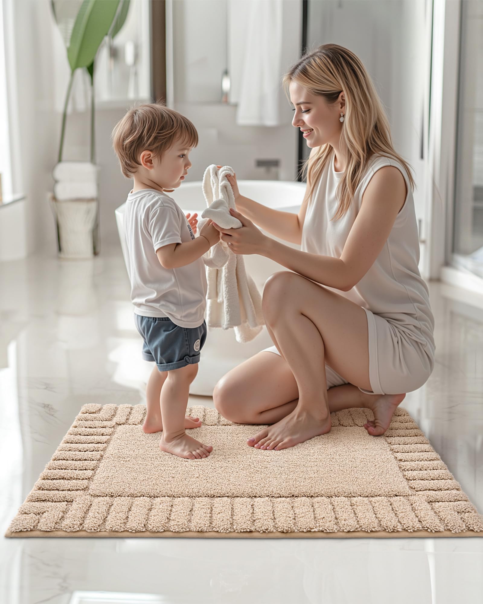 Tapis de Bain Antidérapant 40 x 60 cm Microfibre Absorbant Lavable en Machine Beige