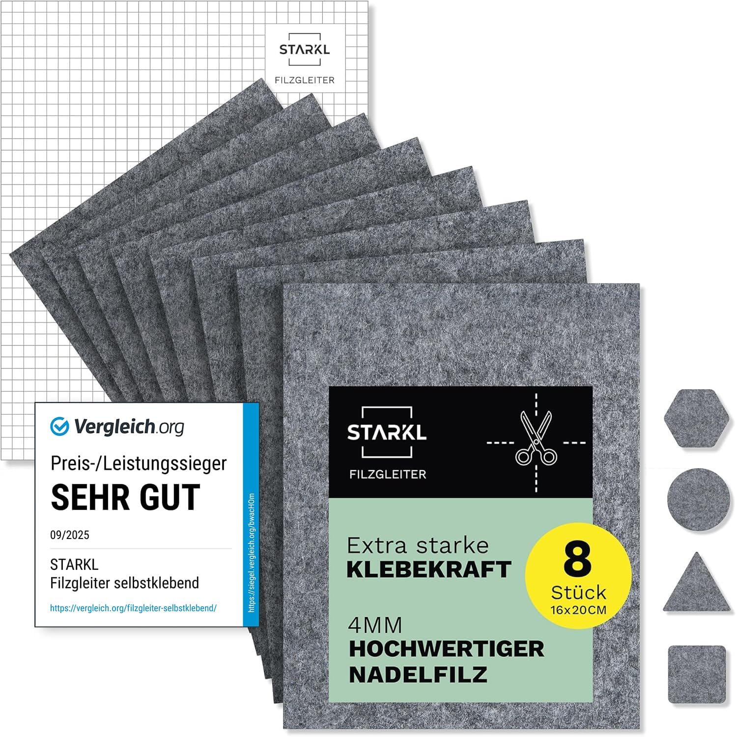 Filzgleiter selbstklebend zum Zuschneiden I 8 Stück 16 x 20cm - 4mm I Filzgleiter für Stühle I Filz selbstklebend I Filz Möbelgleiter aus Nadelfilz I Stuhlgleiter Klebefilz I Möbel Filzplatten (Grau)