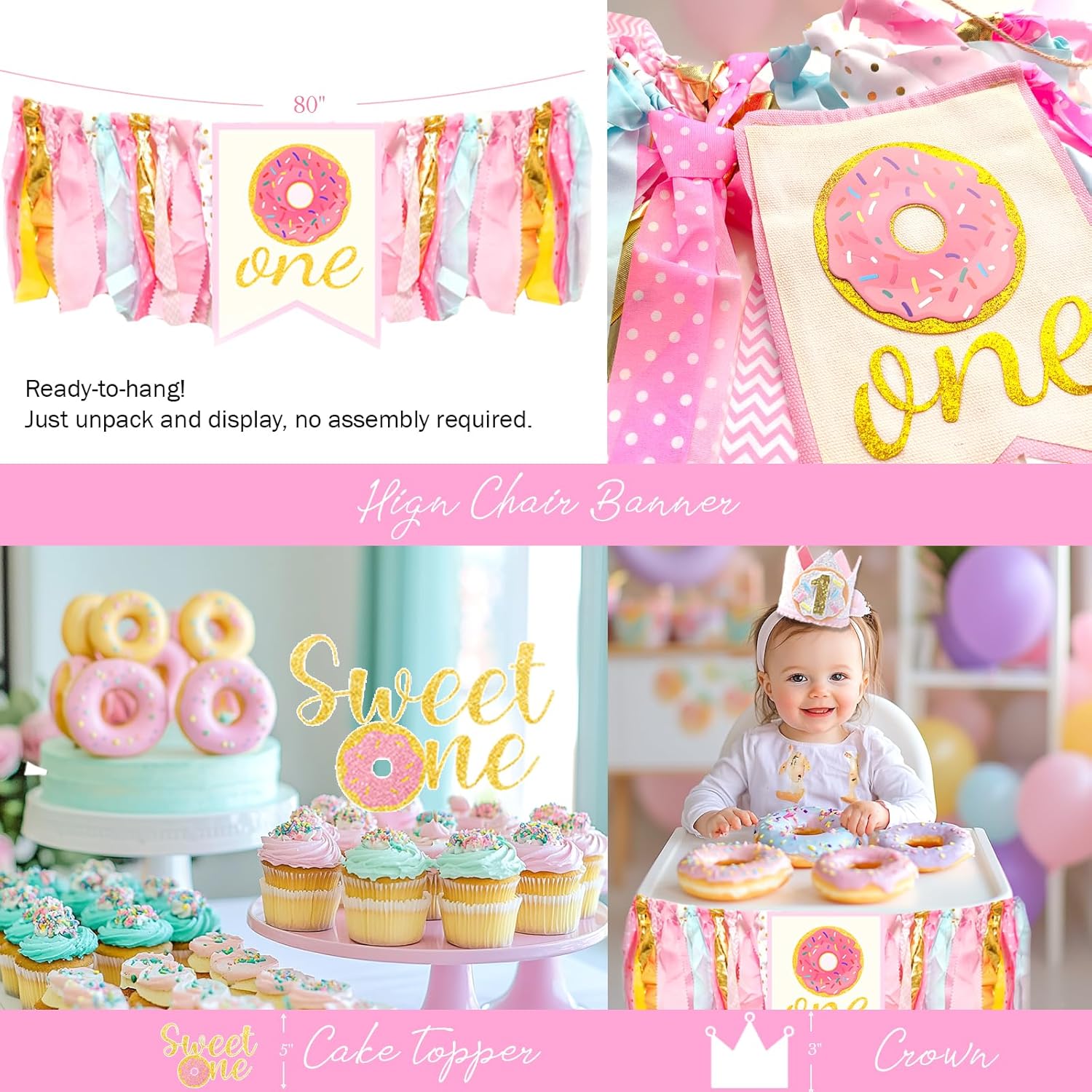 Party Inspo Sweet One Birthday Party Decoration Girls - 155 PCs First Birthday Donut Themed Party Supplies with Color Balloon Garland Arch Kit, Number 1 Foil Balloon, Sweet One Backdrop