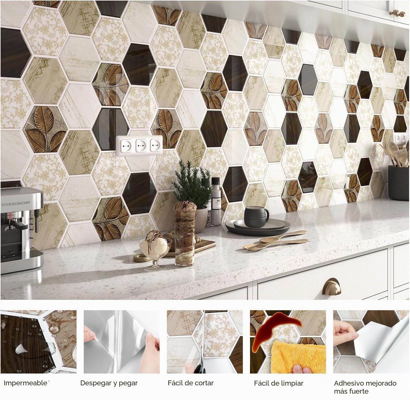 FunStick 30×30CM 15 Baldosas Adhesivas Efecto Madera Vinilos Adhesivos Pared Baño Hexágono Azulejos Adhesivos Pared Madera Lavable Baldosas Adhesivas Cocina Marron Losetas Vinilicas Paredes Cocina