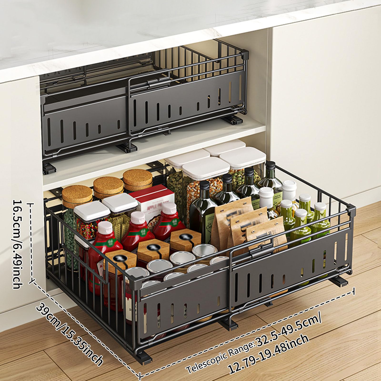 Teleskopschublade Küchen Aufbewahrungsregale Organizer Ohne Bohren Ausziehbare Schubladen Metall Küchenregal Spülschrank Regal Für Küche Pantry Organisation, Einstellbare Breite 32.5-50Cm,Schwarz,2Pcs